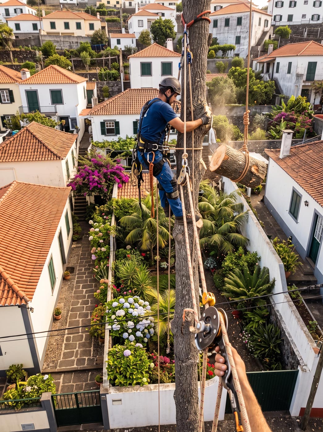 Desmantelamento de árvore por secções em quintal urbano na Madeira