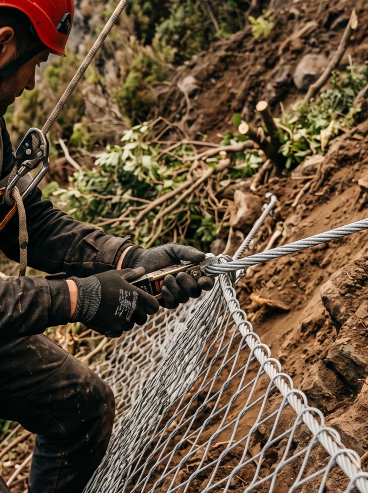 Instalação de rede de proteção em talude, com detalhe do cabo de aço