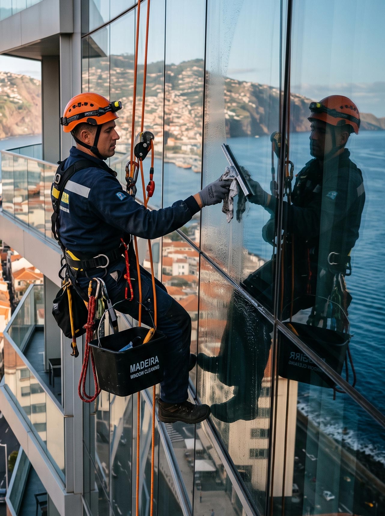 Técnico da RAM Ropes em rapel a limpar fachada de vidro de edifício alto no Funchal, com a baía da Madeira ao fundo