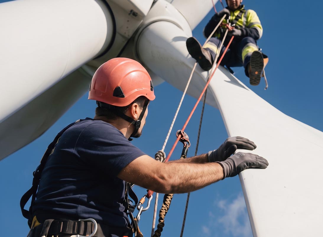Técnico RAM Ropes em manutenção de turbina eólica sobre as montanhas da Madeira